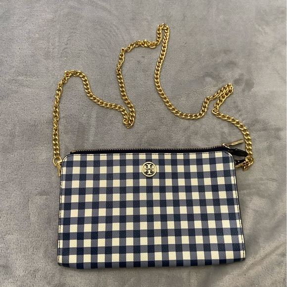 Tory Burch Robinson Navy Gingham Chain Strap Crossbody Clutch Bag 4936 - Picture 2 of 12